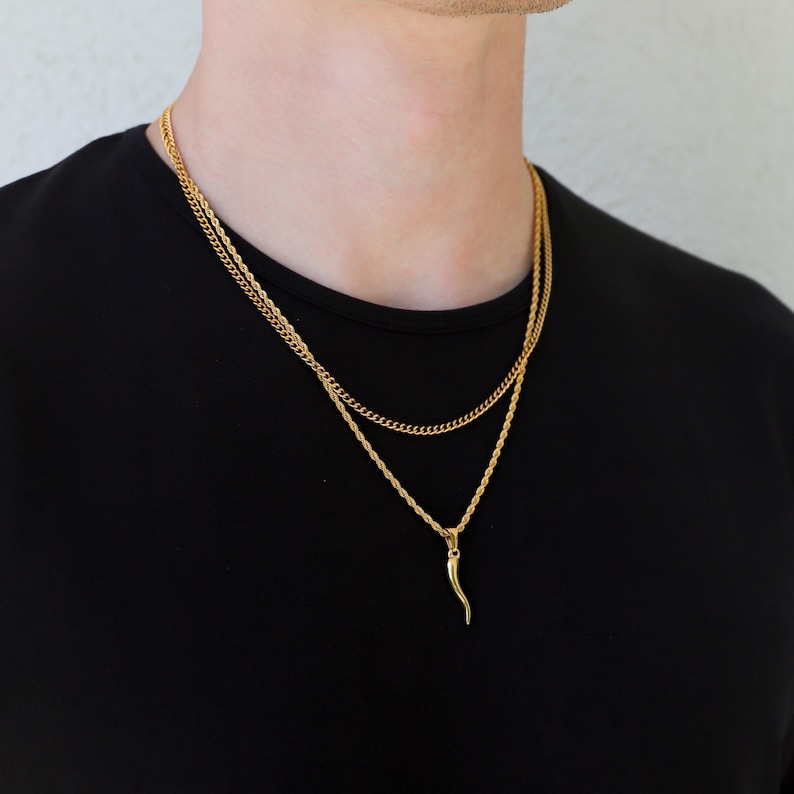 Anhänger aus 18-karätigem Gold mit italienischem Horn für Herren, Halskette mit italienischem Horn, Cornicello-Anhänger, Geschenk für den Freund Gold Layered Set