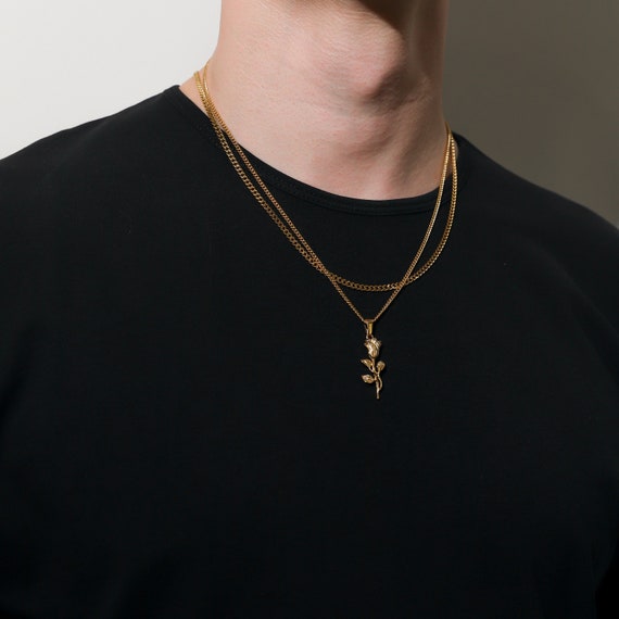 Silver Rose Pendant Cuban Link Chain 