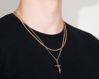 Necklace Set For Men - 18k Gold Crucifix Necklace Jesus Cross Necklace Men Gold Cross Pendant Christian Jewelry Man Valentines Gift For Him