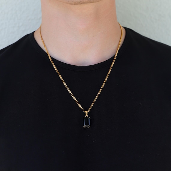 18k Gold Black Onyx Pendant Chain Mens Black Stone Pendant Gold 