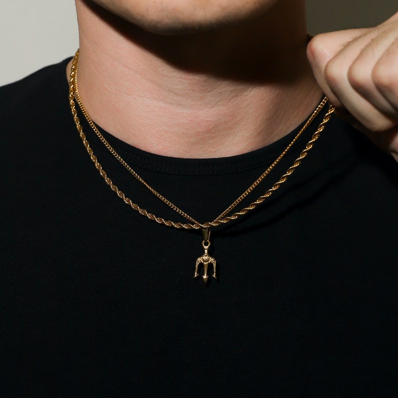 Necklace Set for Men 18k Gold Trident Man Pendant Chain Mens - Etsy