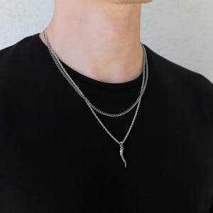 Anhänger aus 18-karätigem Gold mit italienischem Horn für Herren, Halskette mit italienischem Horn, Cornicello-Anhänger, Geschenk für den Freund Silver Layered Set