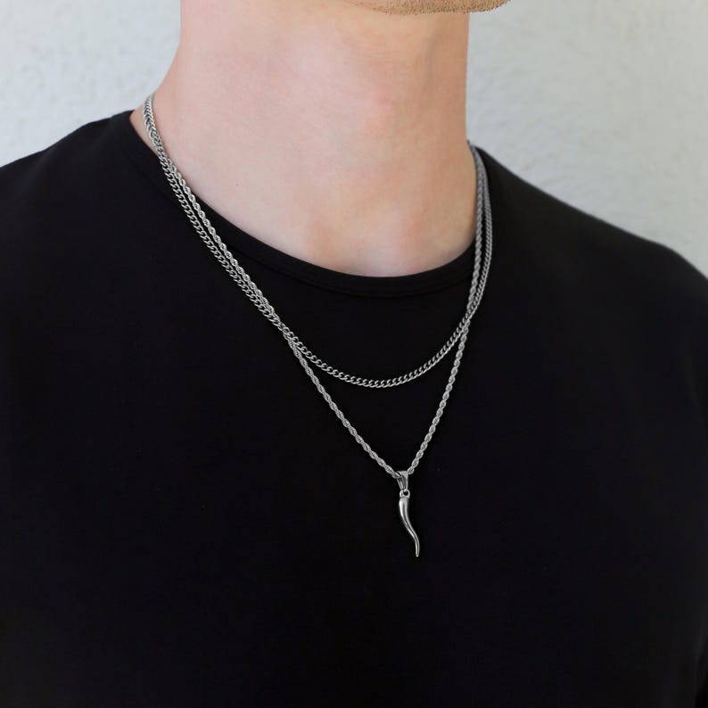 Anhänger aus 18-karätigem Gold mit italienischem Horn für Herren, Halskette mit italienischem Horn, Cornicello-Anhänger, Geschenk für den Freund Silver Layered Set