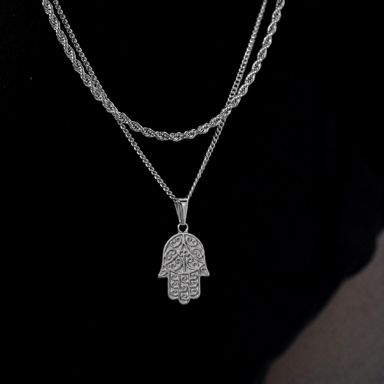 Necklace Set for Men- 18k Gold Hamsa Pendant Rope Chain Hamsa Hand
