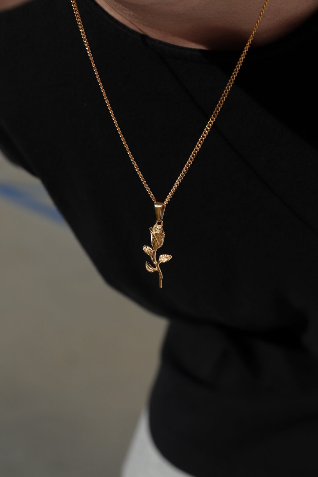 18k Gold Rose Pendant Chain Mens Rose Necklace Gold Rose