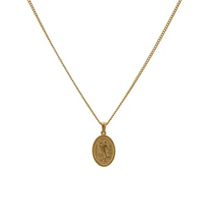 May include: A gold chain necklace with a small oval pendant featuring a detailed design.