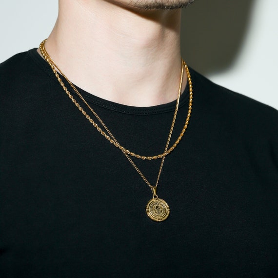 Necklace Set for Men 18k Gold St Benedict Pendant Rope Chain Saint