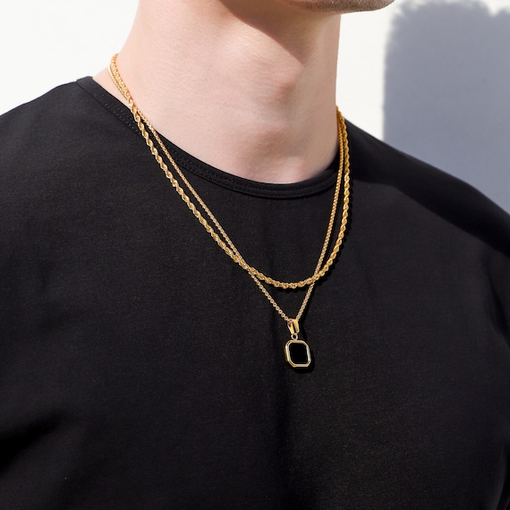 18k Gold Black Onyx Pendant Chain Mens Black Onyx Necklace Gold 