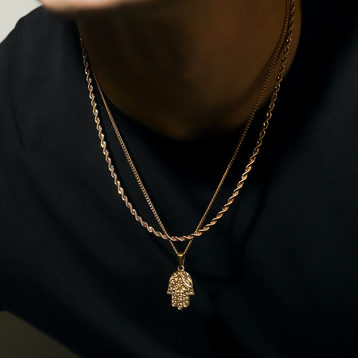 Hamsa Rope Chain Necklace Set for Men- 18k Gold Hamsa Pendant Rope Chain Hamsa Hand ...