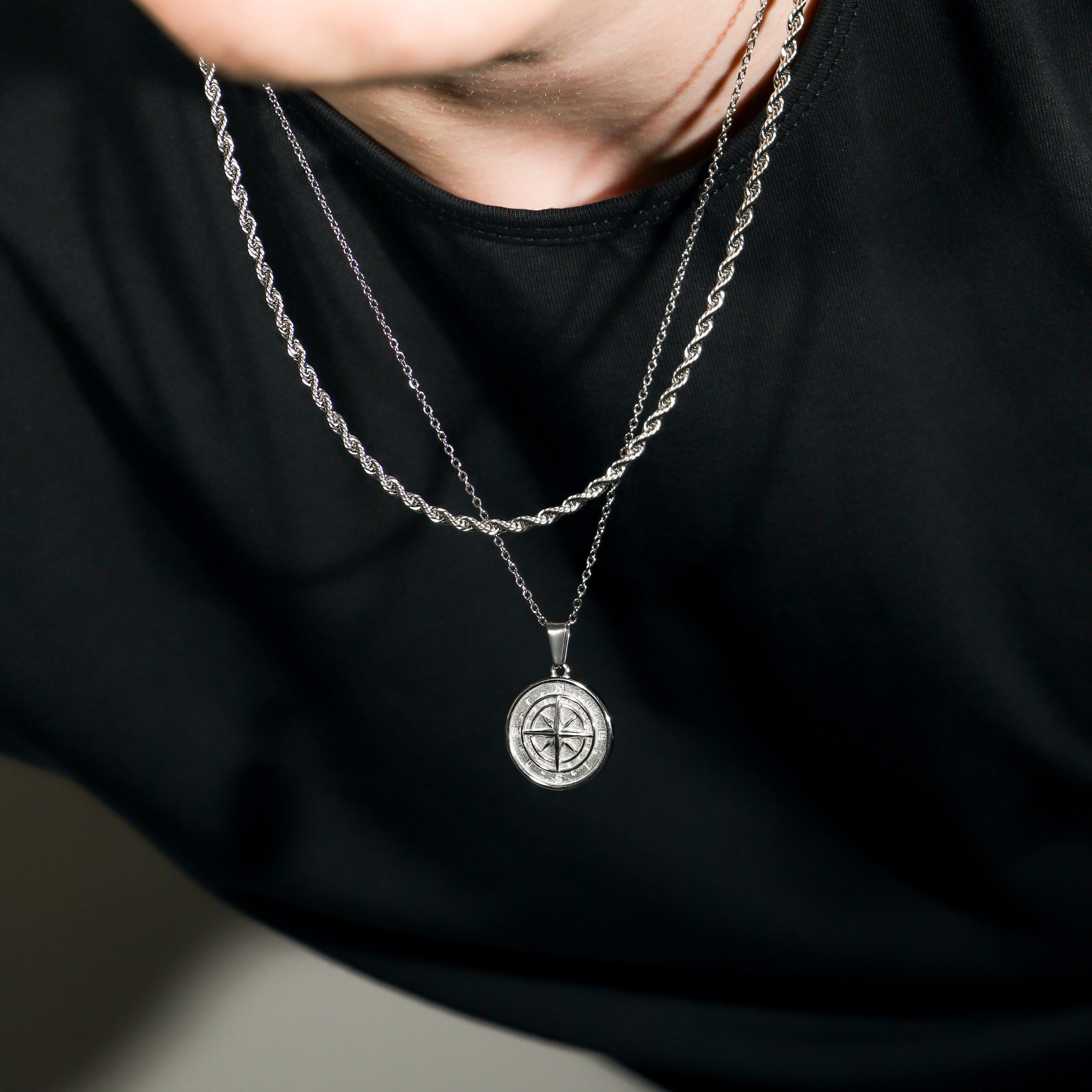 男性用ネックレスセット - シルバーコンパスペンダント ノーススター