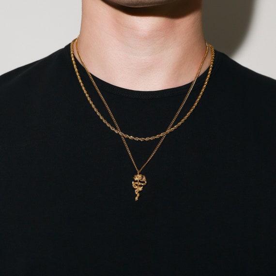 18k Gold Rose Serpent Pendant Chain Mens Snake Rose Necklace  display picture 1