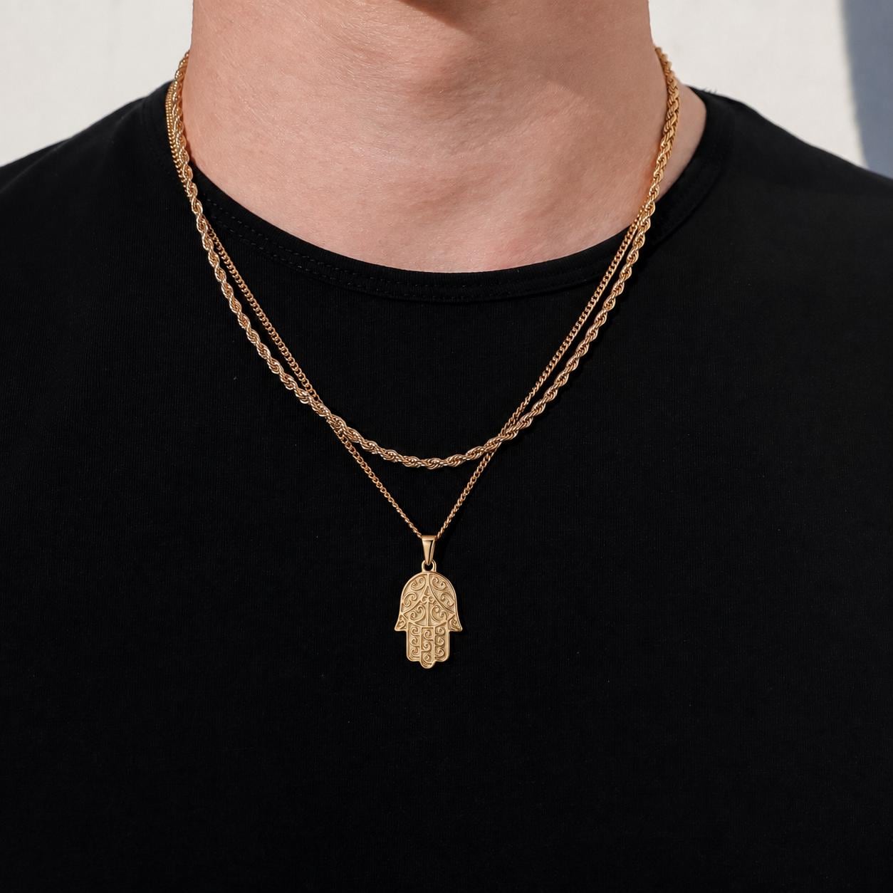 Necklace Set for Men- 18k Gold Hamsa Pendant Rope Chain Hamsa Hand