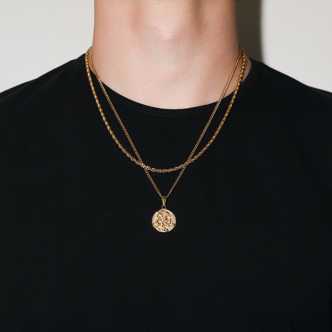 Necklace Set for Men 18k Gold St George Pendant Rope Chain - Etsy