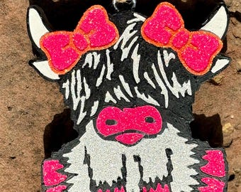 Highland Cow Car Freshie, Glitter Bow Air Freshener, Black Ice Scented Western Charm