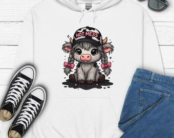 Hot Mess Cow Hoodie – Braided Highland Cow, Funny Print, Gildan 18500 Sweatshirt
