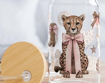 Vaso de vidrio Cheetah Cherry con tapa de bambú y taza para café helado