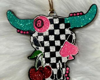 Checkered Cow Skull Car Freshie, Western Air Freshener, Black Ice Scent