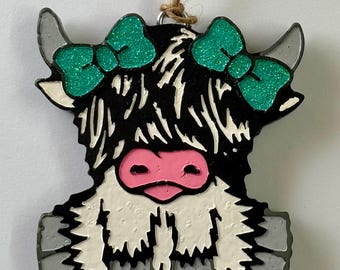 Highland Cow Car Freshie, Glitter Bow Air Freshener, Leather and Lace Scented Western Charm