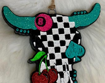Checkered Cow Skull Car Freshie, Western Air Freshener, Black Ice Scent