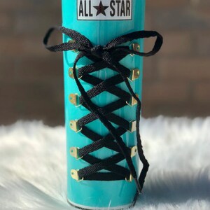 Teal Tumbler w Black Shoe Strings, Chuck Taylor, Shoe Tumbler, Personalized Converse