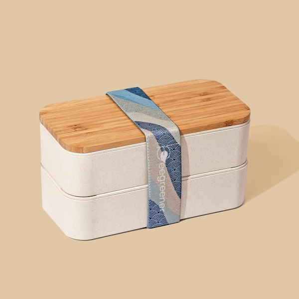 Eco-friendly Beige Stackable Bento Box | Lunch Box for Adults | Dishwasher and Microwave Safe | Leak Proof | 2 Dividers | Cutlery
