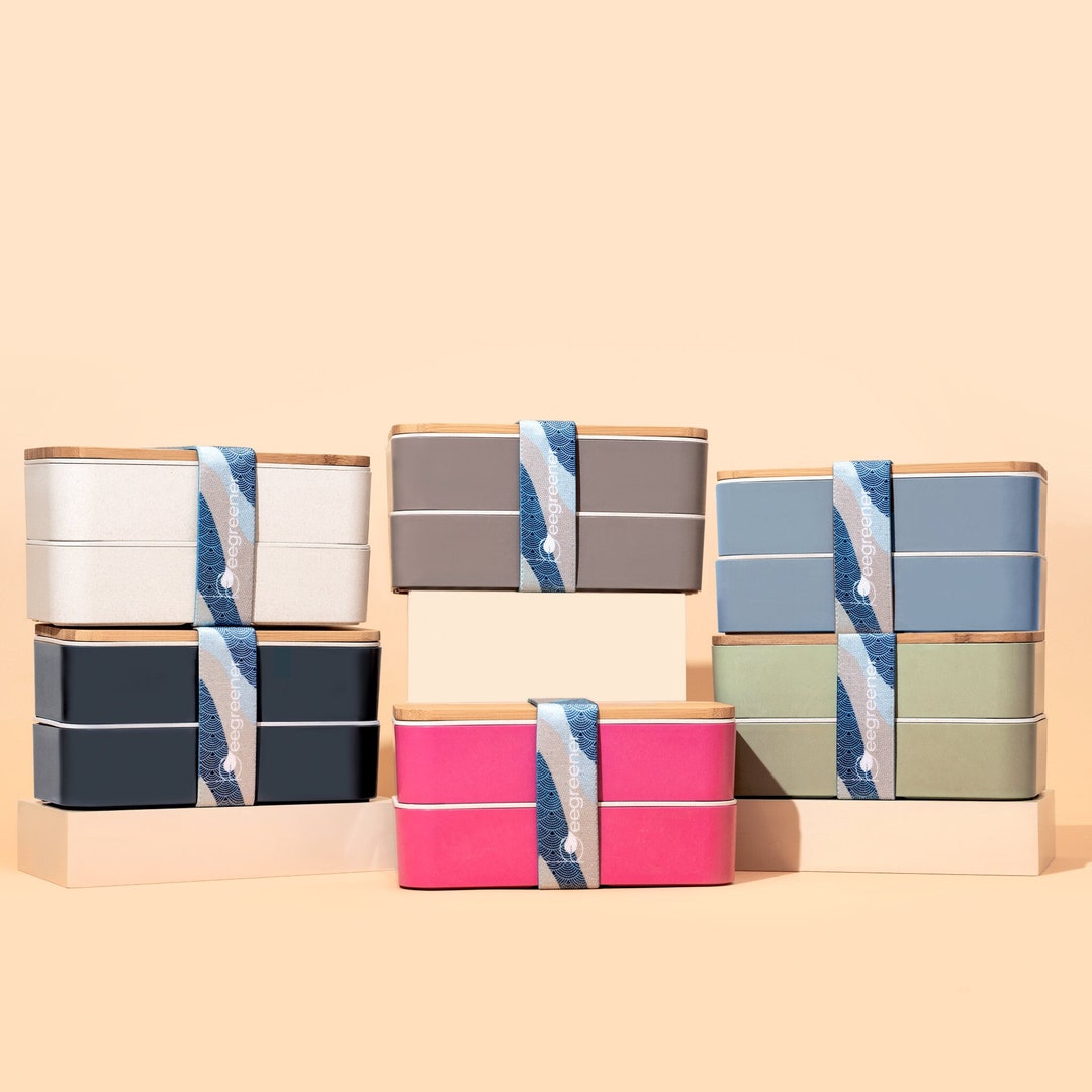 Eco Friendly Stackable Bento Box | Lunch Box for Adults and Kids | Dishwasher and Microwave Safe | leakproof | 2 Dividers | wheat cutlery