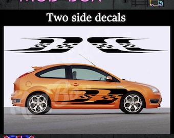 2 rayas de carreras laterales de coche con gráficos de calcomanías de vinilo.
