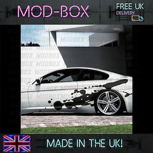 May include: A black and white car decal with a splatter paint design. The decal is applied to the side of a white car. The decal is made in the UK.