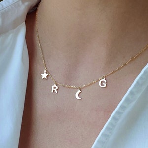 Initial Necklace with Star and Moon Symbol, Custom Gold Initial Necklace, Personalized Gift Necklace for Her, 925k Sterling Silver Jewelry
