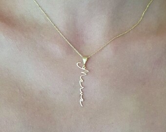 Custom Handwriting Name Necklace: Sterling Silver Vertical Pendant