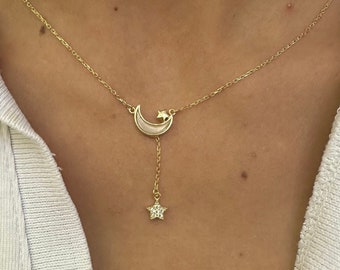 Moon and Star Necklace with Birthstone, Personalized Gift for Women