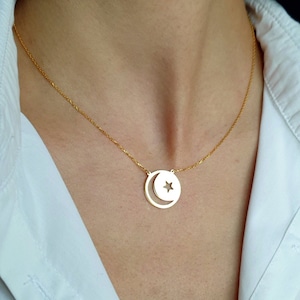 Crescent Moon Star Necklace, Moon Star Pendant, Personalized Moon Star Jewelry, 925k Sterling Silver, Gold and Rose Gold Plated Gift for Her