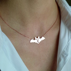 Silver Bat Necklace, Custom Initial Necklace, Gold Filled, Rose Gold Filled Christmas Gift Jewelry for Women