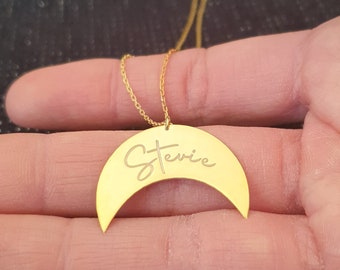 Upside Down Crescent Moon Custom Name Necklace, 925k Sterling Silver, Gold Filled and Rose Gold Filled Personalized Gift Jewelry