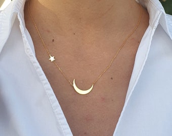 Crescent Moon Necklace with Star and Birthstone, Sterling Silver Birthstone Necklace, Personalized Gift Jewelry, Crescent Moon Pendant