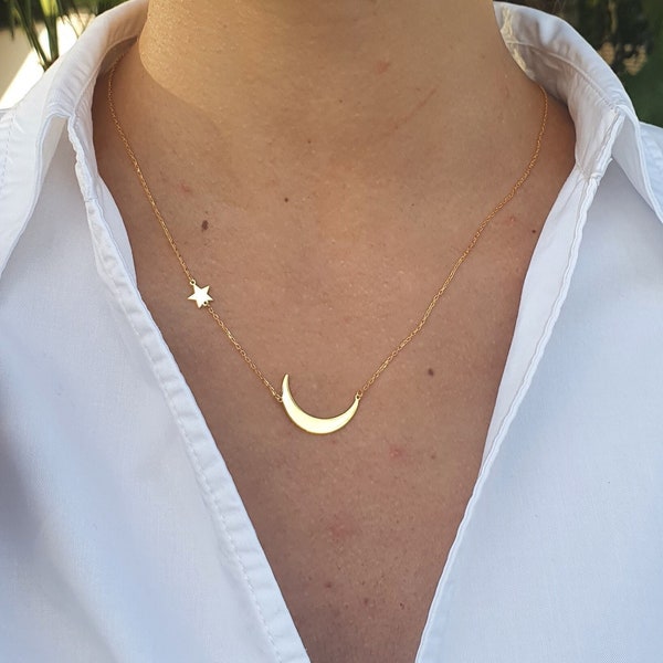 Crescent Moon Necklace with Star and Birthstone, Sterling Silver Birthstone Necklace, Personalized Gift Jewelry, Crescent Moon Pendant