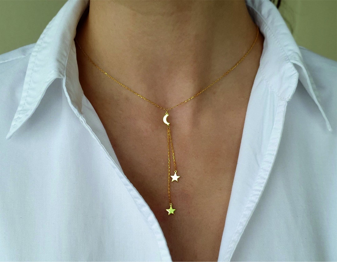 Moon and Star Necklace, Sterling Silver Moon Stars Necklace