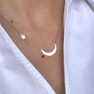 Star and Moon Necklace with Birthstone
