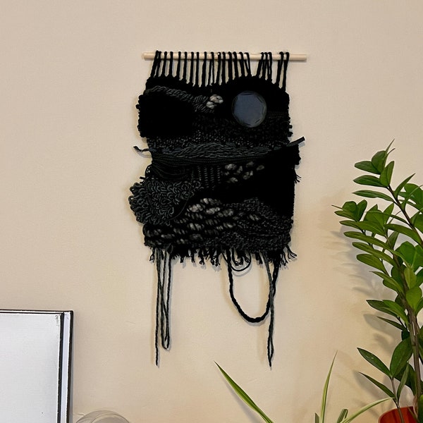 BLACK woven wall hanging monochrome mixed media modern home decor