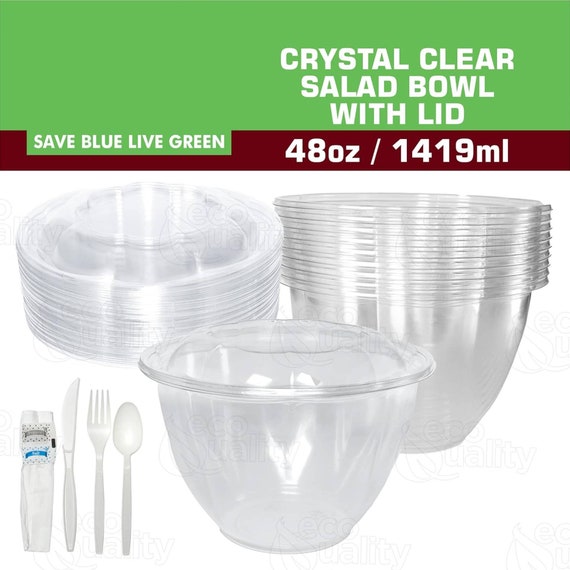 48 Oz. Clear Plastic Salad Bowls With Airtight Lids Food Containers and  Cutlery 
