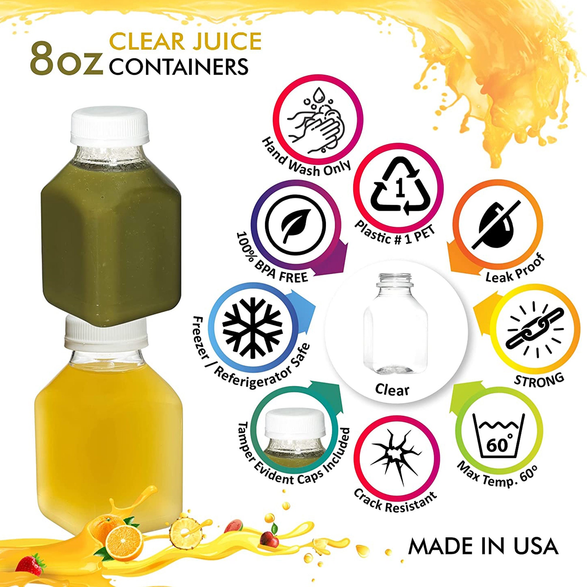 12 oz Square Clear Plastic Cold Pressed Juice Bottle - with Safety Cap - 2  x 2 x 6 1/2 - 100 count box