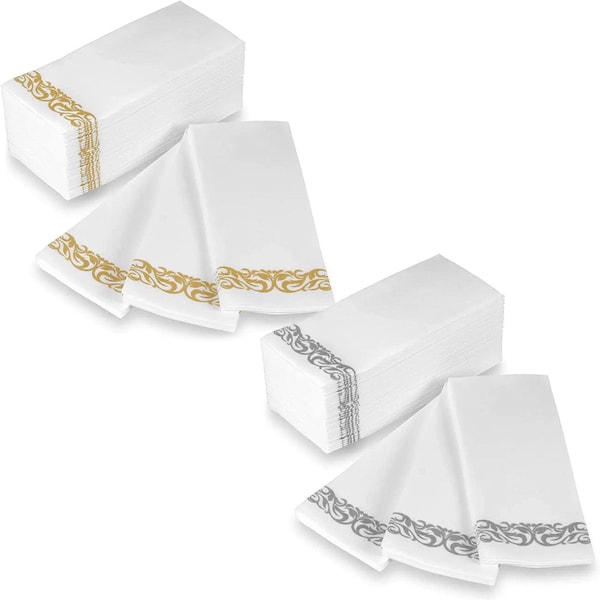 Disposable Paper Cloth Feel Dinner Napkins with Gold or Silver Floral Design