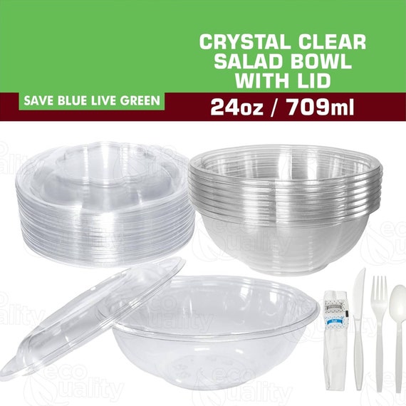 24 Oz. Clear Plastic Salad Bowls With Airtight Lids Food Containers and  Cutlery 