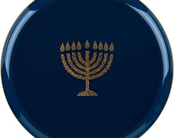 6.3 in Round Plastic Plates Heavy Duty Hanukkah Dinner Plates Blue Gold