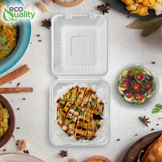 Compostable Square Hinged Clamshell Take Out Food Containers 9x9x3