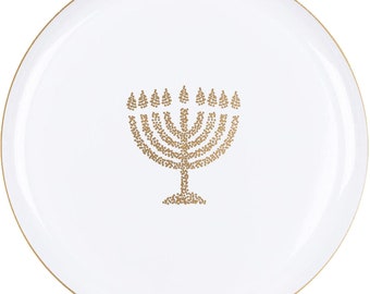 6.3 in Round Plastic Plates Heavy Duty Hanukkah Dinner Plates White Gold