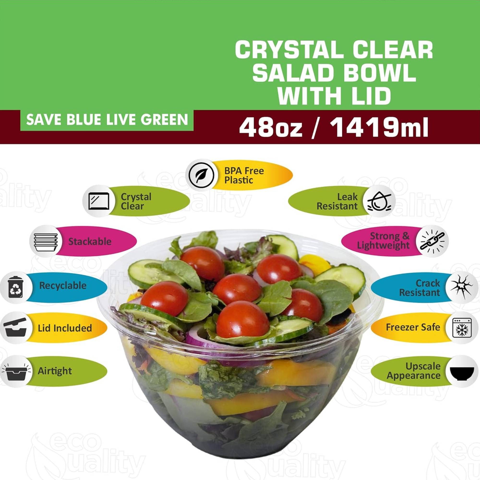 [100 PACK] 48oz Clear Disposable Salad Bowls with Lids - Clear Plastic  Disposable Salad Containers for Lunch To-Go, Salads, Fruits, Airtight, Leak