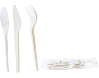 Compostable Cutlery Kit Eco Friendly Fork, Spoon, Knife, Napkin 6.5 inch