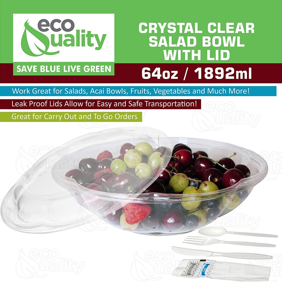 64 Oz. Clear Plastic Salad Bowls With Airtight Lids Food Etsy