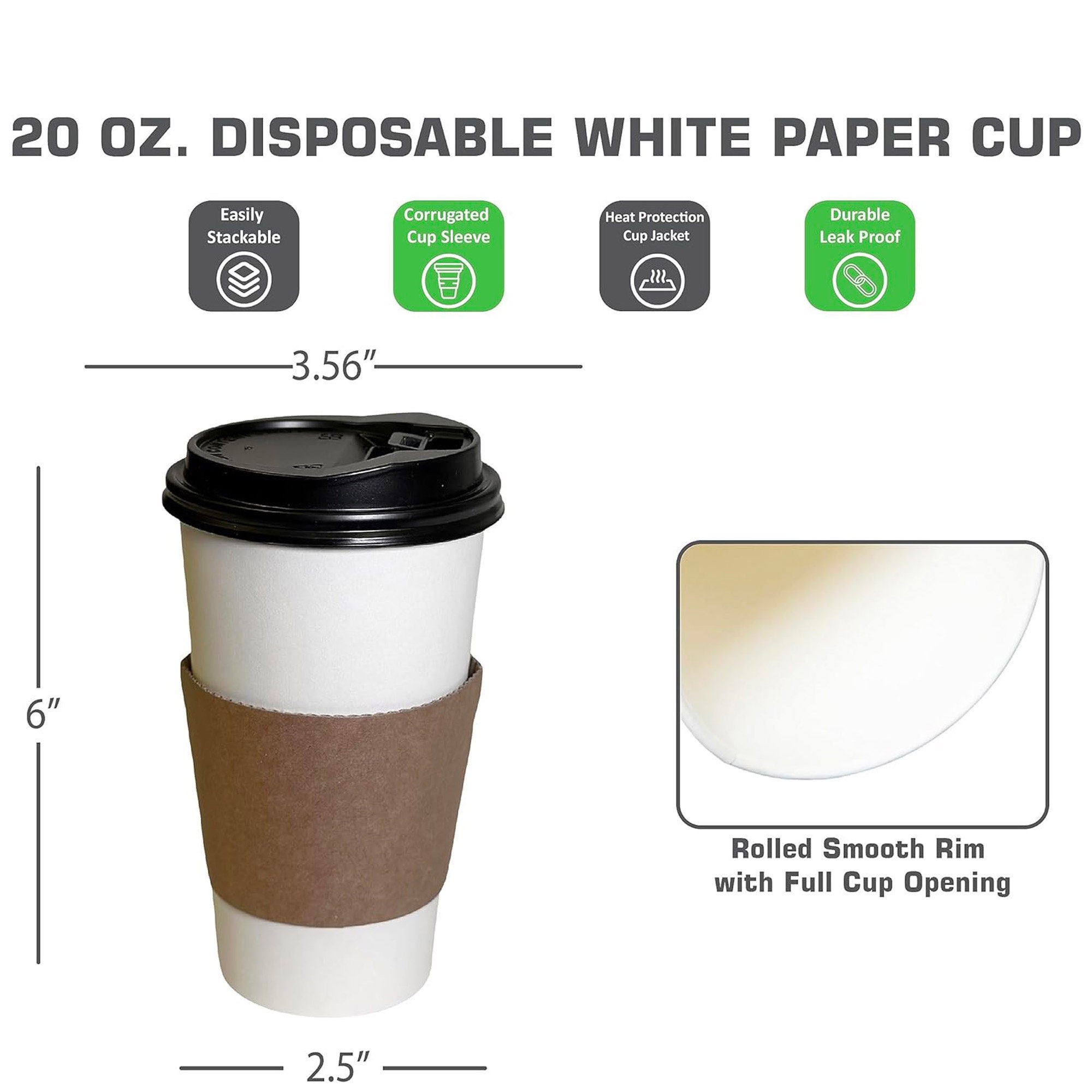 100 Pack] 10oz Disposable White Paper Coffee Cups with Black Dome